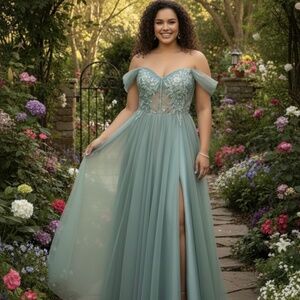 Stunning Strapless Sage Green Gown - 3D Floral Appliqué - Corset Back - Size 3X